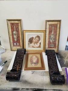 lot 242 image: Selection of Wall art and 2 wall candle holders