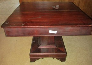lot 2 image: Brown square wood table . ( small piece on bottom broken but included to glue back on) 32 x 32x27