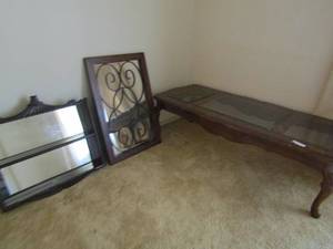 lot 13 image: 2 tier wall shelf with mirror, Decorative mirror, wooden coffee table with 3 glass pieces