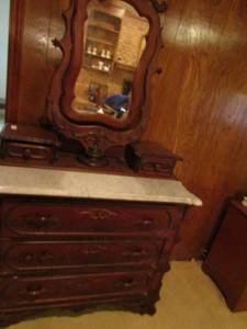 lot 14 image: Victorian dresser with vanity mirror. Marble top removable. Broken handle but pieces included for you to repair  W MIRROR 82 X 42 X 20  WITHOUT  MIRROR  37 X 42 X 20