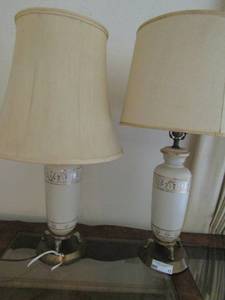 lot 15 image: 2 vintage lamps with shades. Glass and metal design 29H