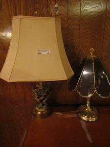 lot 20 image: Vintage lamps x2. 1 gold with glass shade and 1 floral vase with shade