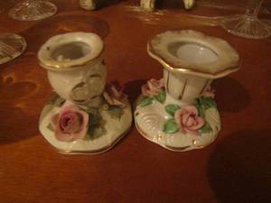 lot 23 image: 6 Crystal Sherbert glasses and 4 Fresden candle sticks