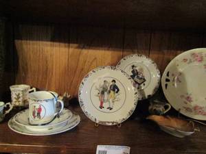 lot 27 image: lot- 4 Svenska Landskapsdrakter saucers, 1 tea cup, mini hand painted tea cup, East German made leaf plate W QUEEN ELIZABETH