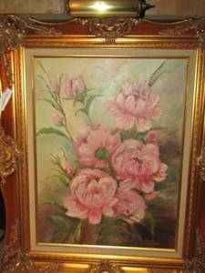 lot 37 image: Gold frames Rose painting with attached art light 32x26