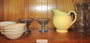 lot 41 image: Lot-2 blue margarita glasses, yellow tea pot, URoy pastels clear glass flower vase, 4 stoneware bowls and 2 Correlle bowls