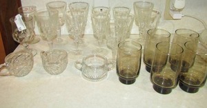 lot 56 image: Glassware- 5 juice glasses, 5 stripped stem wine glasses and 2 pressed glass glasses