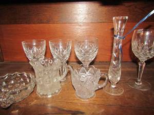 lot 61 image: Bud vase, Diamond cut wine glasses sugar creamer and assorted glass dishes