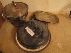lot 94 image: 2 silver serving holders And 3 small silver serving platters
