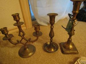 lot 95 image: Brass candle holders and brass bowl of Faux fruit