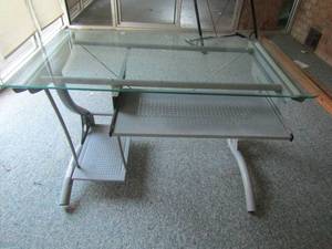lot 106 image: Glass top small gray desk with pullout keyboard table 30x46x23