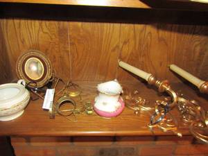 lot 115 image: 2 gold wall hanging candle sconces, plate stands, pink creamer sugar