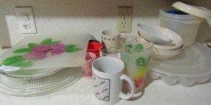 lot 126 image: Egg holder, plates, coffee cups, plastic bowls etc.