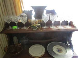 lot 132 image: 2 gold rimmed Lenox plates, metal platter, orange glass bowl and pressed glass wine glasses