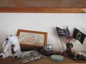 lot 135 image: Lot- mini flags, coasters, western boot nic nacs, polar bear, and rocks
