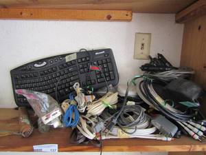 lot 137 image: Misc. lot of cords computer, keyboard, brackets and plugs