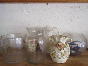 lot 138 image: Fish bowl, vases, pink bow planter
