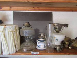 lot 140 image: Electric oil lamp, , glass oil lamp with clear shade and 1 white shade, brass pieces