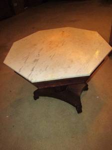 lot 173 image: SIDE TABLE OR A Small kitchen table - Marble top wood frame 29hx36x36