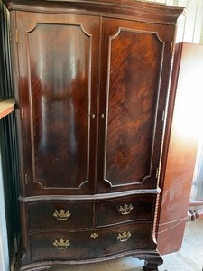 lot 178 image: Baker Furniture Armoire ( 2 small drawers 1 large drawer, 3 shelves 2 drawers inside) 78 H 38 W 21 D  Mahogany
