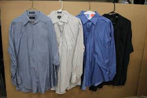 lot 50 image: Mens Shirts XXL Claiborne 18-3435 XXL, Neiman Marcus 17.5-3435 Brown and Blue Stripe, Johnson&Murphy XXL Blue Long-Sleeve, Tommy Bahama Black Silk Shirt