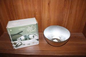 lot 60 image: Gorham Silverplate Paul Revere Bowl (Still in Box) and Glass Ribbed Serving Bowl