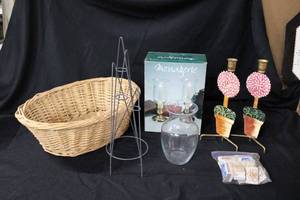 lot 91 image: Hurricane Lamps Pair still in Box, Large Basket, Candle Holders, Vase and Matches