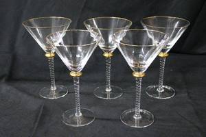 lot 92 image: Set of 5 Large Martini Glasses with Gold Accents  8.5 Tall x 5 Wide