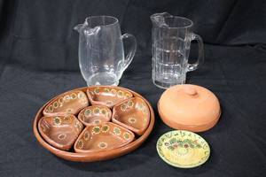 lot 94 image: Glass Pitchers, Hand Painted Hors doeuvres Tray, Garlic Baker, Ceramic Plate made in Spain