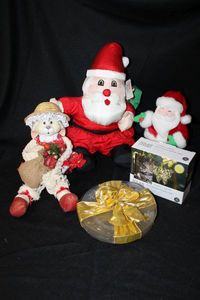 lot 102 image: Christmas Decorations Plush Santas, Metal Butterfly Lights, Ceramic Christmas Bunny, and Plates