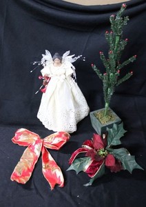 lot 104 image: Christmas Decorations 16 Black Angel Tree Topper with Ceramic Hand Painted Face, Mini 23 Christmas Tree and Bows
