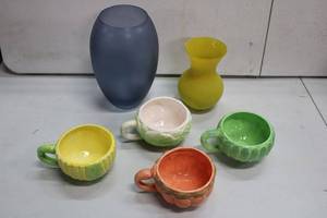 lot 107 image: Ceramic Soup Mugs, Yellow and Blue Glass Vases