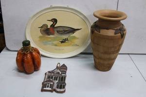 lot 117 image: Home Dcor Bimaculated Duck Platter Printed in Italy, 13 x 7 Pottery Vase, Victorian House Plaque, and Decorative Vegetable Jar