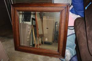 lot 78 image: Large Wall Mirror with Basket Weave Style Wood Frame 48 Wide x 44 Tall