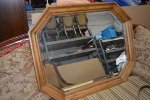 lot 161 image: Wall Mirror Oak Frame with Beveled Mirror has D-Rings