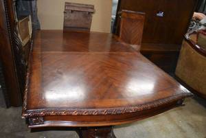 lot 17 image: Dual Pedestal Mahogany Dining Table, 1 Leaf,  Base Corners have started repairs-minor touch ups