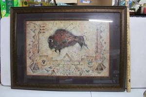 lot 80 image: Wall Art Framed Buffalo Print in Native American Style 43 x 32