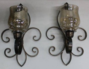 lot 88 image: Home Dcor Pair of Wall Sconces Iron Fleur DLis Style and Hurricane Glass Globes 18 Tall x 10.5 Wide