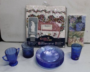 lot 90 image: Kitchen Lot Blue Glass Dishes, Country Kitchen Gift Set and Napkins