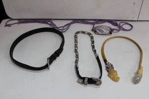 lot 140 image: Belt Lot Brighton Sm Leather, Sm. Black Woven Leather,  Gold and Silver Stretch Belt Leaf Style, Hand Painted Buckle with Purple Rope