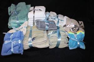 lot 144 image: Towels White, Green, Blue, Brown and Grey Plus Dusting Towels