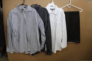 lot 126 image: Mens Dress Shirts  Boss Regular Fit 47 - 18.5 Black & White Check,Georg Roth Los Angeles Gray with Black Stripe, Perry Ellis Portfolio Classic Fit XXL 18-3435 White, Dockers Brown Slacks Classic Fit 42x32
