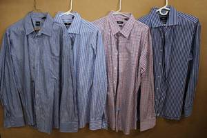 lot 128 image: Mens Dress Shirts  Boss Regular Fit 2 XL Blue with White Stripe, Boss 46-18 Blue with Red and White Stripe, Boss 46-18 Red, White and Blue Check, Boss 47-18.5 Blue with White Stripe
