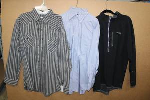 lot 133 image: Mens Shirts Rancho Estancia XXL Gray and White Stripe with Snap Buttons, Jos A. Bank Dress Shirt 16-33, Columbia Thermal Comfort XXL Pull Over Top