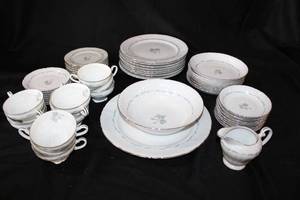 lot 36 image: Kyoto Japan 8 Person Dish Set with Delicate Blue Flower and Silver Trim Design
