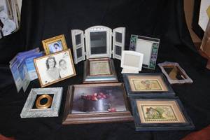 lot 41 image: Picture Frames and Wall Art Includes Vintage Souvenir Photo with Disney Drawing on Glass