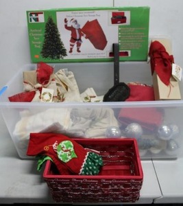 lot 197 image: Christmas Decorations Red Basket, Door Hanger, Artificial Tree Storage Bag, Linens and More