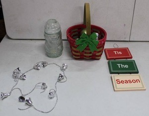 lot 175 image: Christmas Dcor Lot Glass Santa Candy Jar, Basket with Decorations and Wooden Tis the Season Plaque