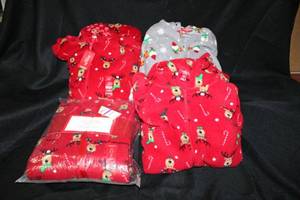 lot 192 image: Set of 4 Family PJs Macys - 3 Red with Reindeer (2-Men S), (1-XXL), and 1 Gray with Elves (Men S), see pictures