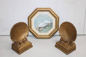 lot 193 image: Framed Swans Picture and 2 Weighted Bookends Shell Design Painted Gold